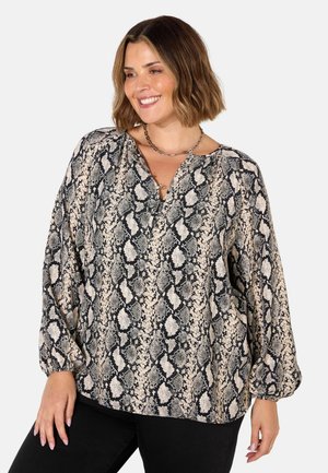 Langarm blouse in beige en zwart slangenprint, met een V-halslijn, losse pasvorm en cinched mouwen. Textuurstof met een gedurfd patroon.