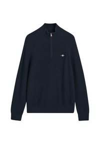 Granatowy sweter z zapięciem na zamek, charakteryzujący się żebrowaną teksturą, długimi rękawami i dopasowanym dołem. Dyskretne logo na piersi.