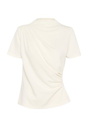 Valge lühikeste varrukatega topp, millel on volditud disain ja kogutud aktsendid ühelt küljelt, sile tekstiil, sobib igapäevaseks kandmiseks.