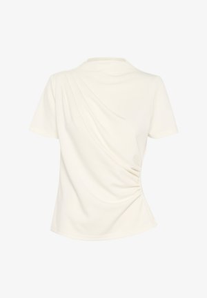 Top corto bianco a maniche corte con design drappeggiato e dettagli arricciati su un lato, dal tessuto liscio, ideale per un look casual.