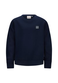 Felpa blu navy in tessuto a maglia texturizzato, collezione girocollo, polsini a coste e una piccola toppa logo sulla parte anteriore.
