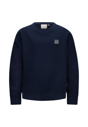 Marineblauwe sweatshirt van een gebreide stof met textuur, ronde halslijn, ribgebreide manchetten en een klein logo-op-patch op de voorkant.
