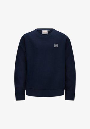 Felpa blu navy in tessuto a maglia texturizzato, collezione girocollo, polsini a coste e una piccola toppa logo sulla parte anteriore.
