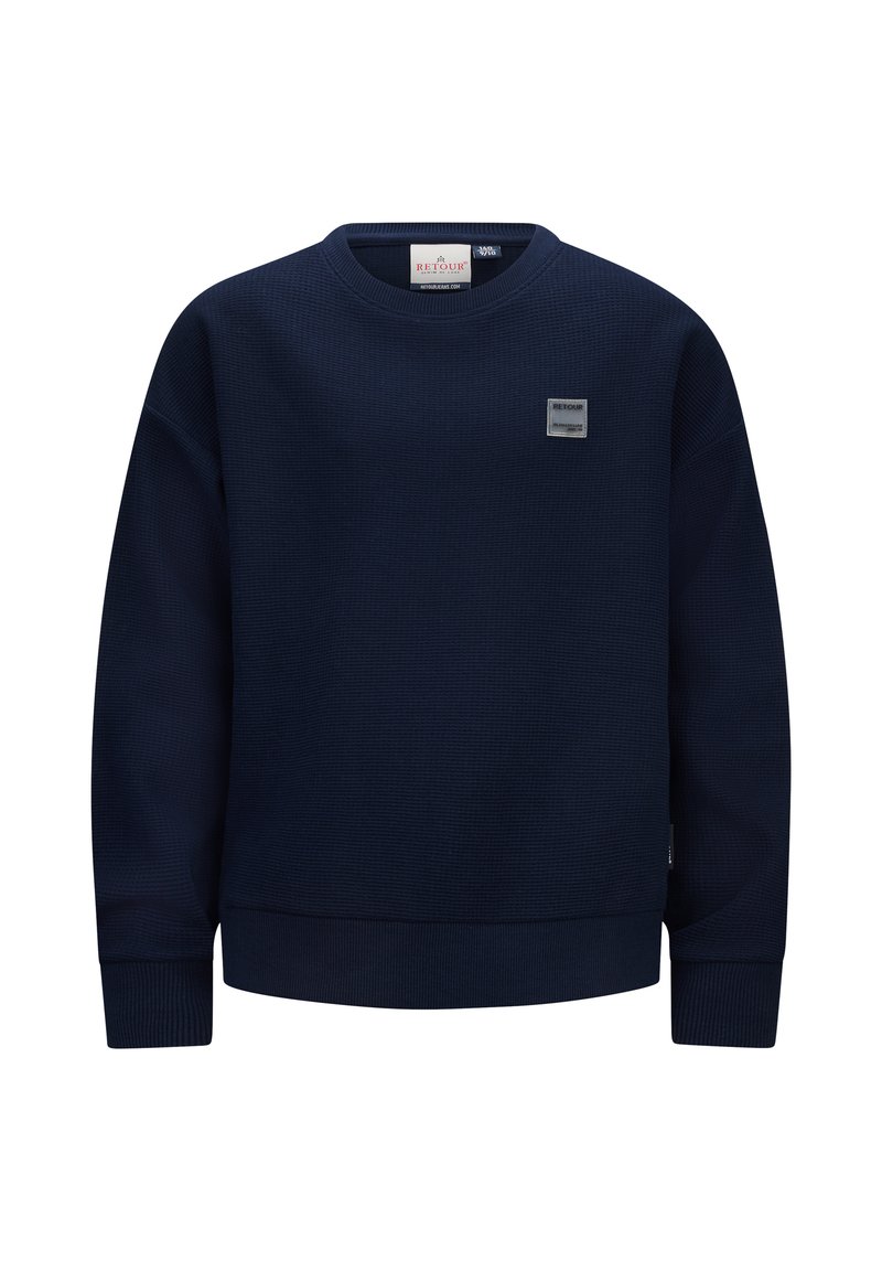 Felpa blu navy in tessuto a maglia texturizzato, collezione girocollo, polsini a coste e una piccola toppa logo sulla parte anteriore.