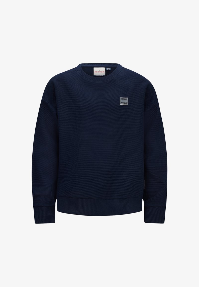 Marineblaue Sweatshirt aus strukturiertem Strickstoff, mit Rundhalsausschnitt, gerippten Bündchen und einem kleinen Logo-Patch auf der Vorderseite.