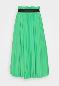Jupe plissée verte en tissu léger avec une taille élastique noire. Présente une silhouette fluide et une finition texturée.