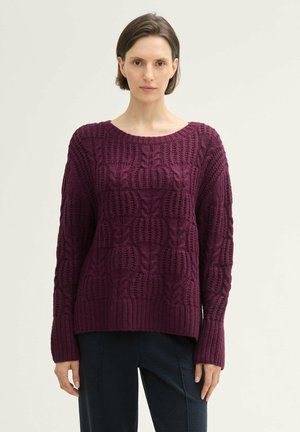Pull en tricot violet foncé avec un design à cables texturés, un col large et des manches longues, associé à un pantalon sombre.