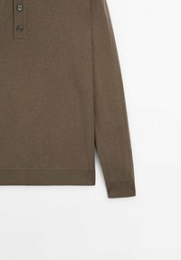 Braunes Langarm-Polo-Shirt mit drei Knöpfen, gerippten Bündchen und geradem Saum. Der Stoff hat eine glatte und leicht dehnbare Textur.