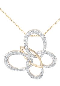 Collar de oro y plata con un diseño floral de bucles entrelazados, adornado con brillantes piedras preciosas transparentes en los bordes exteriores.