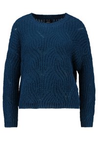 Mörkblå stickad tröja med en vågmönster, rund hals, långa ärmar och en avslappnad passform. Tillverkad av texturerad garn, perfekt för lager-på-lager.