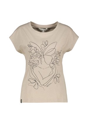 Beige short-sleeve t-shirt with abstract black line art of a figure surrounded by flowers and butterflies on the front.
