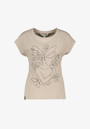 Beige short-sleeve t-shirt with abstract black line art of a figure surrounded by flowers and butterflies on the front.