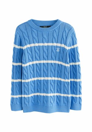 Sweater en maille torsadée de couleur bleu clair avec des rayures blanches. Il présente un col rond et des bords côtes aux poignets et à l'ourlet. Marquage notable sur le devant.