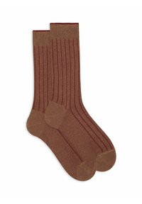 Calze marroni a costine con una striscia di color bordò più scuro, design senza cuciture nella punta e una comoda fascia. Realizzate in un morbido tessuto testurizzato.