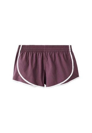Pantaloni corti atletici viola con vestibilità rilassata, dettagli laterali bianchi e vita elastica, caratterizzati da un tessuto morbido e orli curvi.