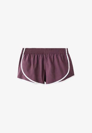 Shorts de sport violets avec une coupe décontractée, accents latéraux blancs et une taille élastique, en tissu doux avec des ourlets arrondis.
