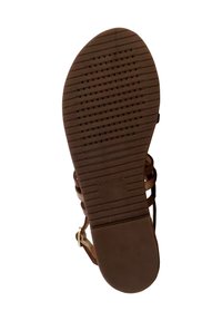 Semelle de sandale marron en caoutchouc texturé pour l'adhérence, dotée de rainures horizontales et de perforations circulaires pour la respirabilité, marquée "GEOX."