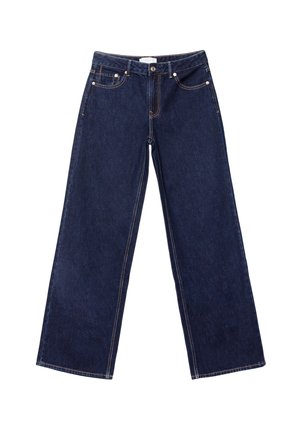 Jean large bleu foncé en denim, avec des coutures contrastantes, un design à cinq poches et une fermeture à boutons.