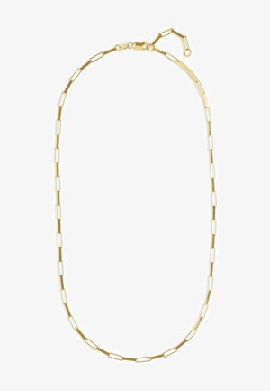 Gold-tone chain necklace featuring alternating rectangular links and white enamel accents, with a secure clasp and adjustable length.