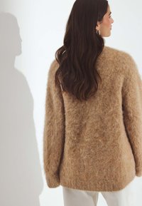 Rudas, pūkuotas megztinis su laisvu pjūviu ir ilgomis rankovėmis. Minkšta tekstūra ir šiek tiek per didelis dizainas, su nugaros siūlės detale.