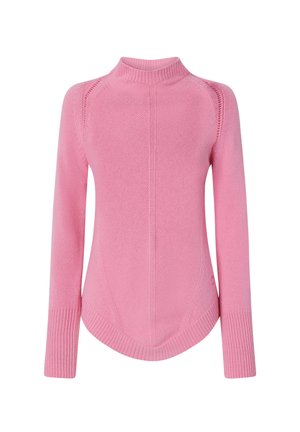 Pull en tricot rose avec un col montant, des manches longues et des poignets côtelés. Présente un motif texturé et une silhouette ajustée.
