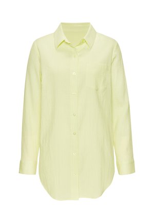 Long-sleeve pale yellow button-up shirt with a pointed collar and one chest pocket, made of lightweight textured fabric.