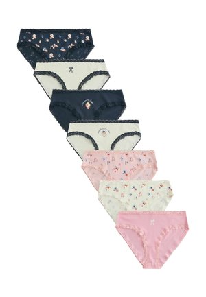 Sept culottes pour femmes bordées de dentelle en bleu marine, crème et rose, présentant des imprimés floraux, de petits nœuds et des motifs brodés disposés en diagonale.