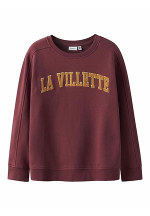 Sweatshirt bordeaux avec "LA VILLETTE" en lettres dorées texturées, col rond, poignets et ourlet côtelés. Tissu doux avec une coupe décontractée.