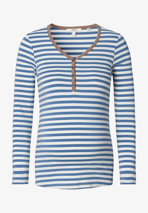 Lange mouwen shirt met blauw-witte horizontale strepen, een V-hals met bruine bies en drie knoopaccenten aan de voorkant.