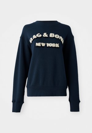 Navy blue sweatshirt with round neckline, long sleeves, and ribbed cuffs. Features embroidered "RAG & BONE NEW YORK" in cream and black.
