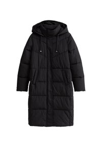 Musta, polvenpituinen toppatakki hupulla, valmistettu tikatusta kankaasta. Varustettu etutaskuilla ja säädettävillä kiristysnauhoilla. Sileäpintainen.