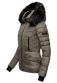 Puffer jacket in olive green with a detachable fur-trimmed hood. Features quilted sections and multiple zippered pockets. Ribbed cuffs.
