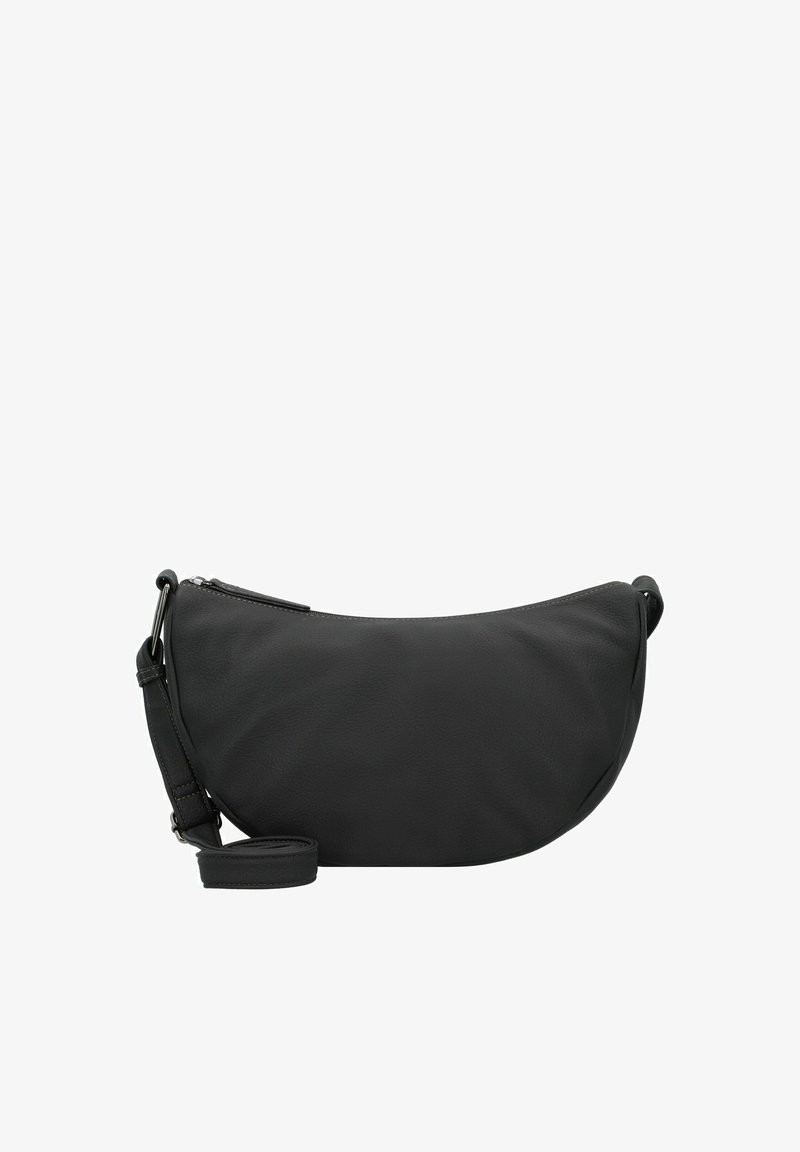 Schwarze Leder-Crossbody-Tasche mit gebogener Form, Reißverschlussverschluss und verstellbarem Tragegurt. Glatte Textur mit minimalen Details.