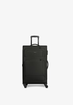 Valigia morbida nera con manico telescopico, quattro ruote girevoli, tasche anteriori con zip e maniglia laterale, in posizione verticale su sfondo bianco.