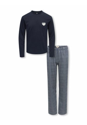 Haut bleu marine à manches longues avec un logo en forme de cœur "LOVE", associé à un pantalon large à carreaux bleu marine et blanc.