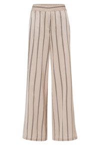 Helle beigefarbene Hose mit weitem Bein und schwarzen vertikalen Streifen, elastischem Bund, glatter Textur und fließendem Design.