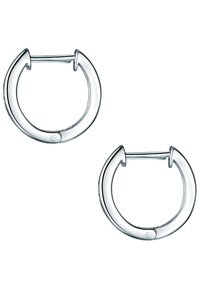 Orecchini a cerchio in argento con finitura lucida, forma circolare e chiusura a cerniera. Caratterizzati da una superficie liscia e un design minimalista.