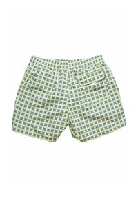 Pantaloni corti con motivo su sfondo giallo, caratterizzati da un design a griglia floreale blu, vita elastica e tasca posteriore.