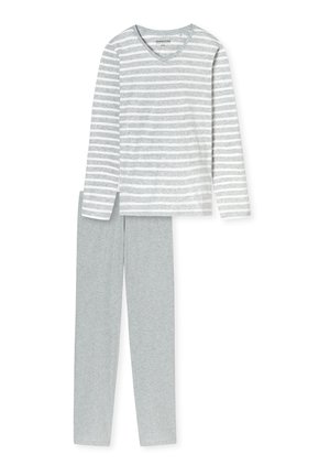Gray long-sleeve top with white stripes and V-neck, paired with matching gray pajama bottoms. Soft texture, lightweight fabric.