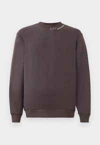 Mørkebrunt hettegenser med ribbet rundhals, lange ermer og "EA7" logo i hvit st stitching ved kraven.