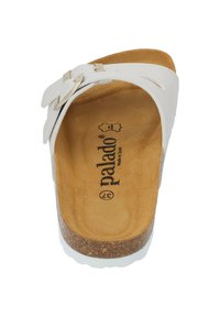 Weiße Leder-Slipper-Sandale mit zwei verstellbaren Riemen und einem Korkfußbett, das eine strukturierte Oberfläche und eine weiße Gummi-Außensohle aufweist.