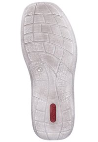 Suola di scarpa in gomma bianca con un motivo di battistrada testurizzato, bordi delineati e un accento di logo rosso vicino al centro. Taglia indicata: 41.