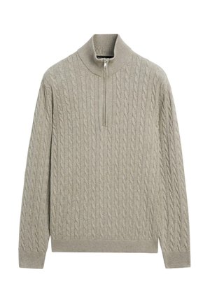 Hellgrauer Pullover mit Kabelstrickmuster, Stehkragen und halbem Reißverschluss. Hergestellt aus weichem Material, mit gerippten Ärmelbündchen und Saum für eine figurbetonte Passform.