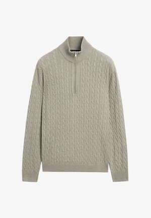 Světlé šedý svetr se vzorem spletených copánků, s vysokým límcem a půlzipem. Vyrobený z měkkého materiálu, s žebrovanými manžetami a lemem pro přiléhavý vzhled.