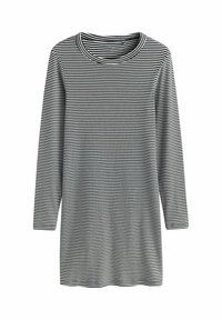 Camisa de rayas de manga larga en blanco y negro con un escote redondo, hecha de una tela suave, con rayas horizontales uniformes y un corte relajado.