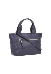 Marineblaue Ledertasche mit zwei kurzen Griffen und abnehmbarem Schulterriemen. Verfügt über eine vordere Reißverschlusstasche und eine strukturierte Oberfläche.
