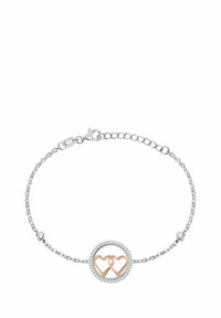 Bracciale in argento con pendente circolare caratterizzato da cuori intrecciati in oro rosa, circondato da una fila di piccoli cristalli trasparenti.