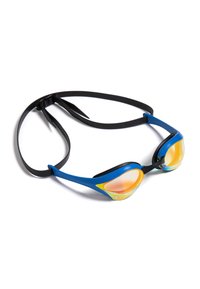 Okulary pływackie z niebieską ramką i przyciemnionymi żółtymi soczewkami, z czarnym silikonowym paskiem i ergonomicznym designem dla wygody.