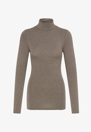 Brauner, langärmliger Rollkragenpullover aus weichem Material. Besitzt ein tailliertes Design mit hohem Kragen und glatter Textur. Keine sichtbaren Muster oder Akzente.