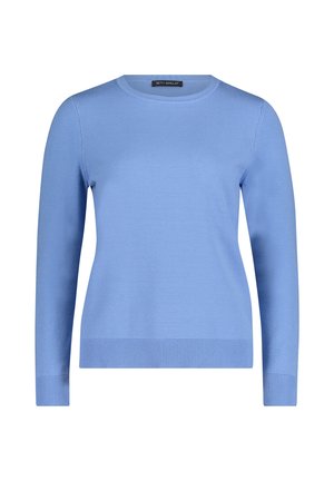 Jasnoniebieski sweter dziany z długimi rękawami, okrągłym dekoltem, ściągaczami na mankietach i u dołu, wykonany z miękkiego materiału o gładkiej teksturze.